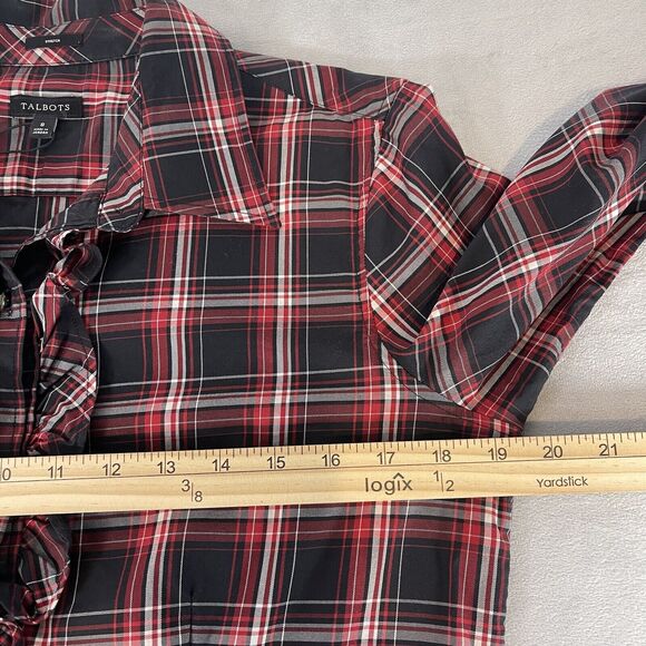 Talbots Top Women 8 Red Black Plaid Ruffle Button Up Blouse Gothic Grunge Twee - Picture 7 of 8
